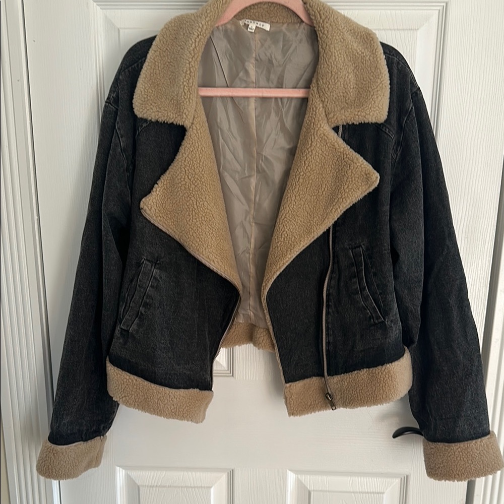 Black denim and Tan faux shearling trim Women's Jacket